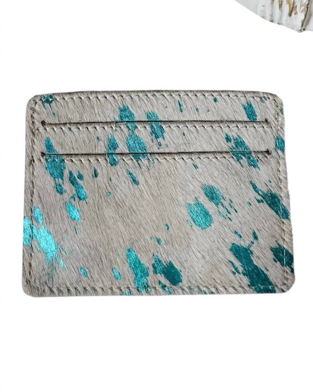 NEW BOHO RANCH women's cowhide card holder in white metallic turquoise